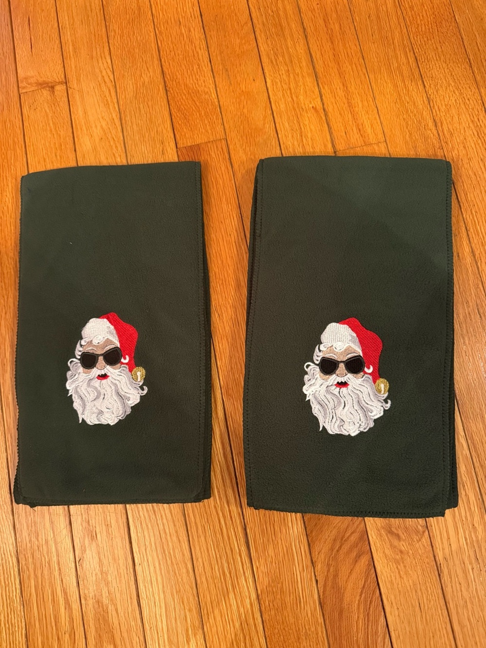 Festive Dark Green "Cool" Santa Embroidered Scarf
